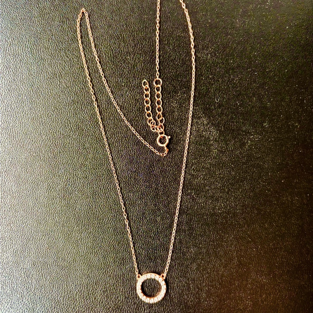 Dainty Rose Gold Coated Sterling Silver Necklace with Crystal Circle! Worn Once